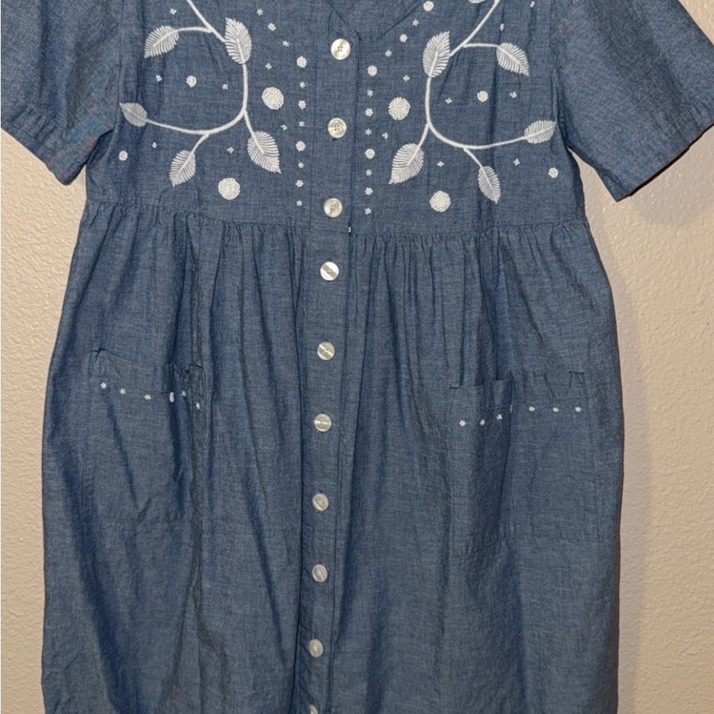 Embroidered Blue Button-Up Dress